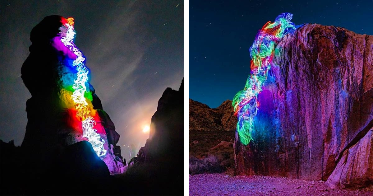 Long-Exposure Photos Turn Rock Climbing Routes Into Epic Rainbow Bursts Across the Landscape