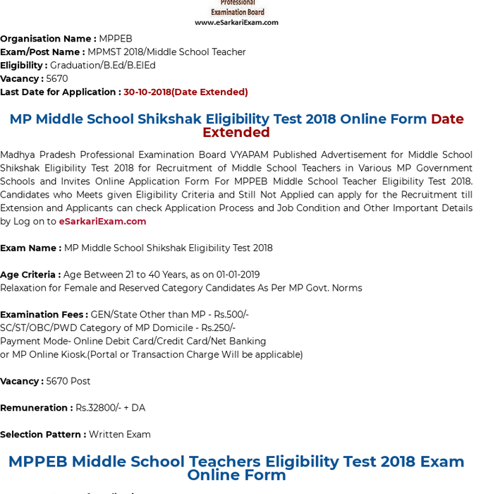 MPPEB Middle School Teacher Recruitment 2018 Date Extended