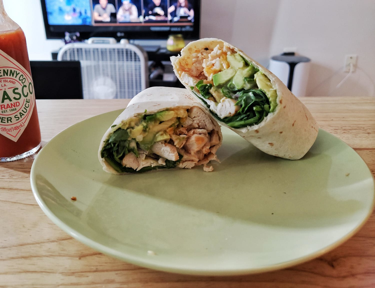 Chicken, cheddar, avocado, onion and spinach wrap with ranch