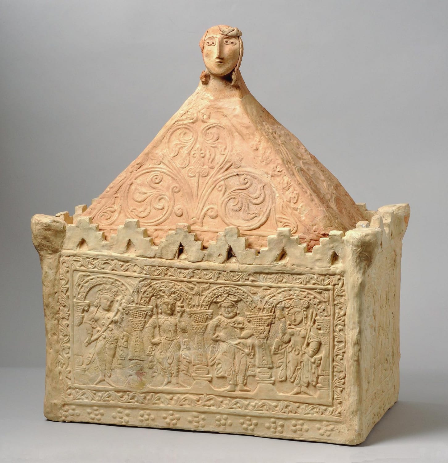 The Sogdian Durman Tepe Ossuary (bone box) was produced by this Silk Road merchant society in the 7th-8th century CE. The crowned figures are likely Zoroastrian "beneficent immortals," virtues created by Ahura Mazda to fight evil. Found in Uzbekistan. Museum of Oriental Art, Moscow.
