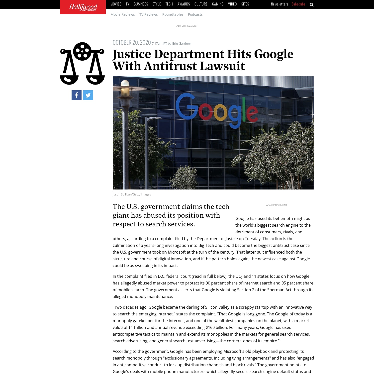 Justice Department Hits Google With Antitrust Lawsuit | Hollywood Reporter