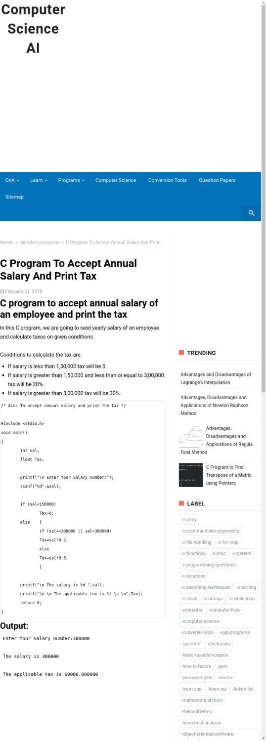 C Program To Accept Annual Salary And Print Tax