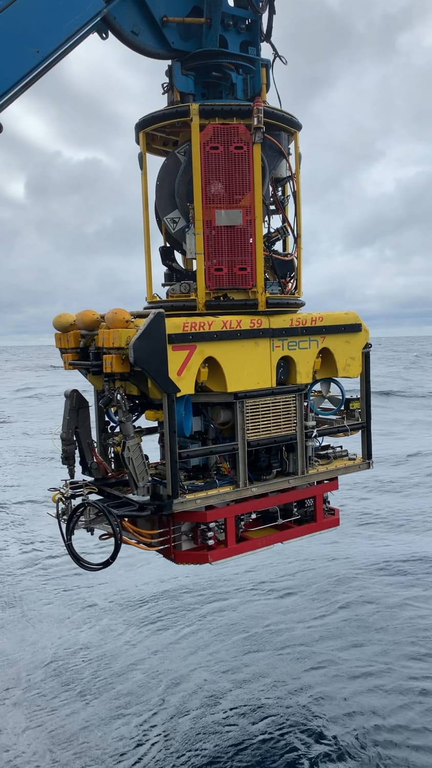 Launching a work-class ROV with pumping skid attached in the Gulf of Mexico. Calm seas.