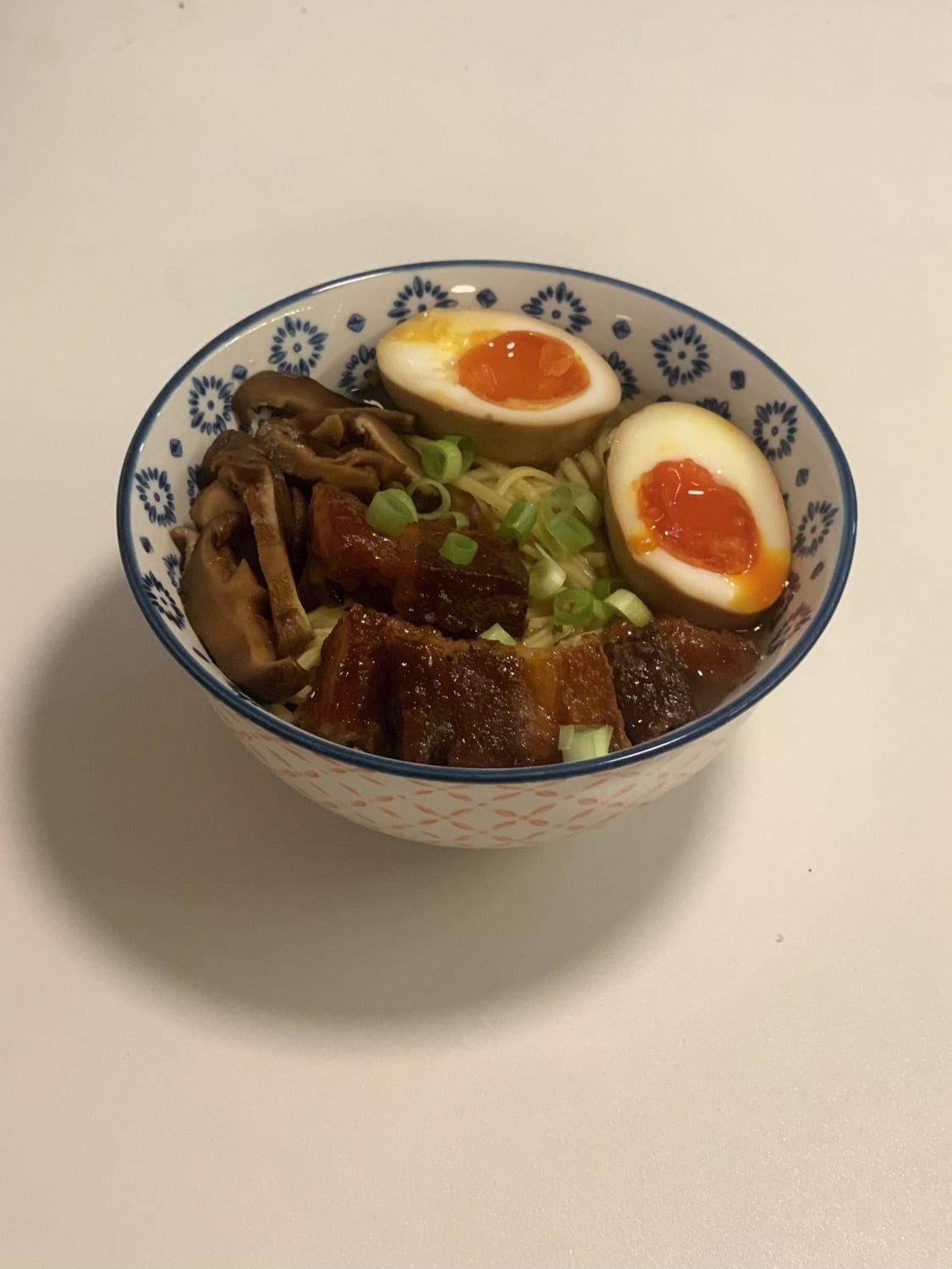 Ramen I made for dinner with home pickled Shiitake mushrooms, 7 hour Soy eggs and vegan pork belly. I forgot the edamame beans though 😭