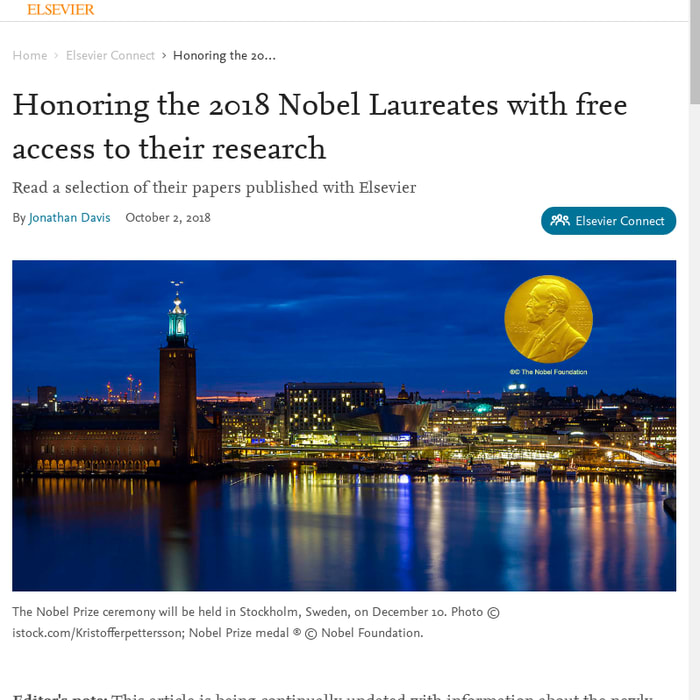 Honoring the 2018 Nobel Laureates with free access to their research