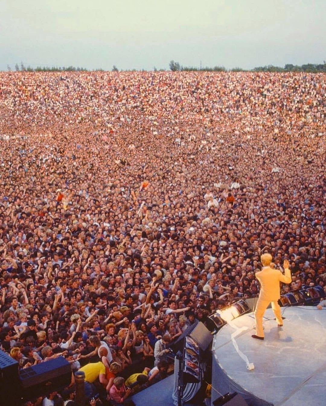 David Bowie performs to a huge crowd in 1983.