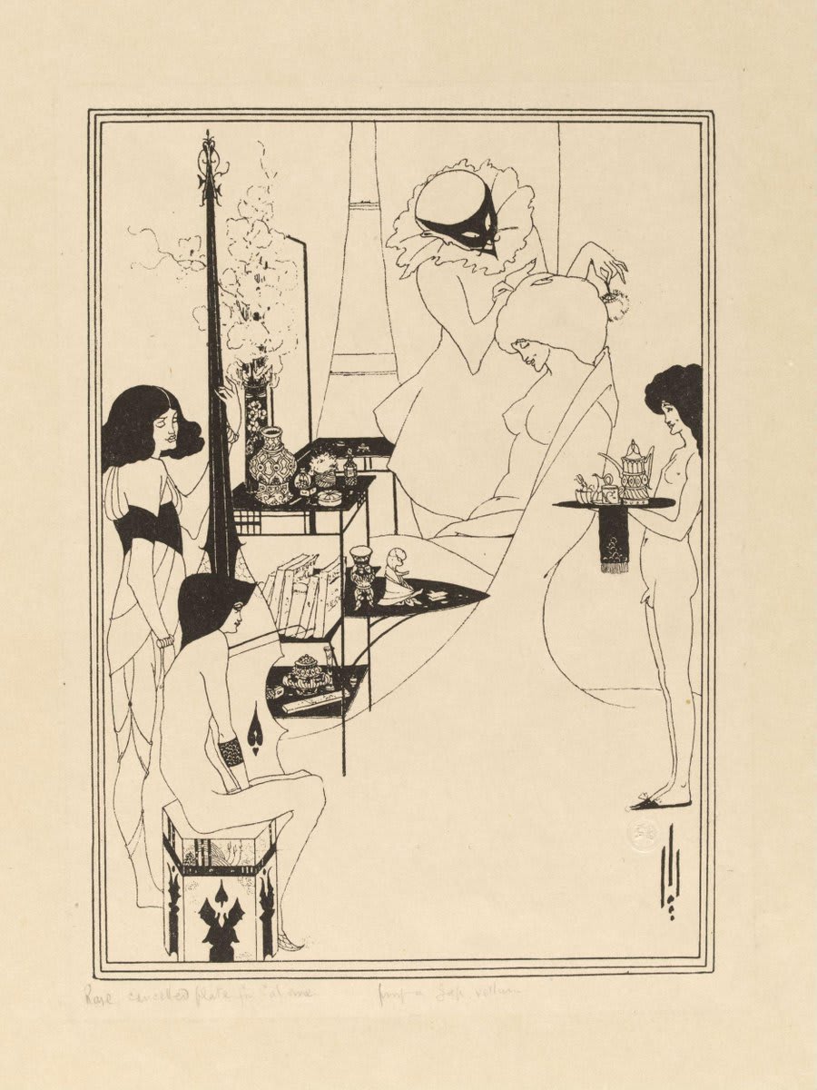 This picture was considered too risque by Aubrey Beardsley's publishers to illustrate Oscar Wilde's Salome. Scarcity of clothes aside, can you see why? 📸 1. Print by Aubrey Beardsley, 'The Toilette of Salome I', London, 1890s, line block print on Japanese vellum