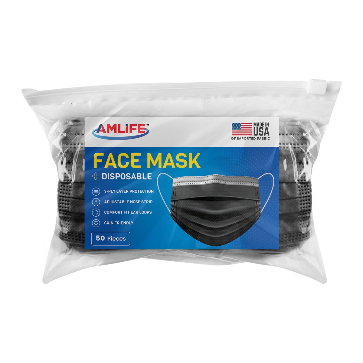 AMLIFE 50 Pack Black Face Masks 3-Ply Filter - Made in USA with Import