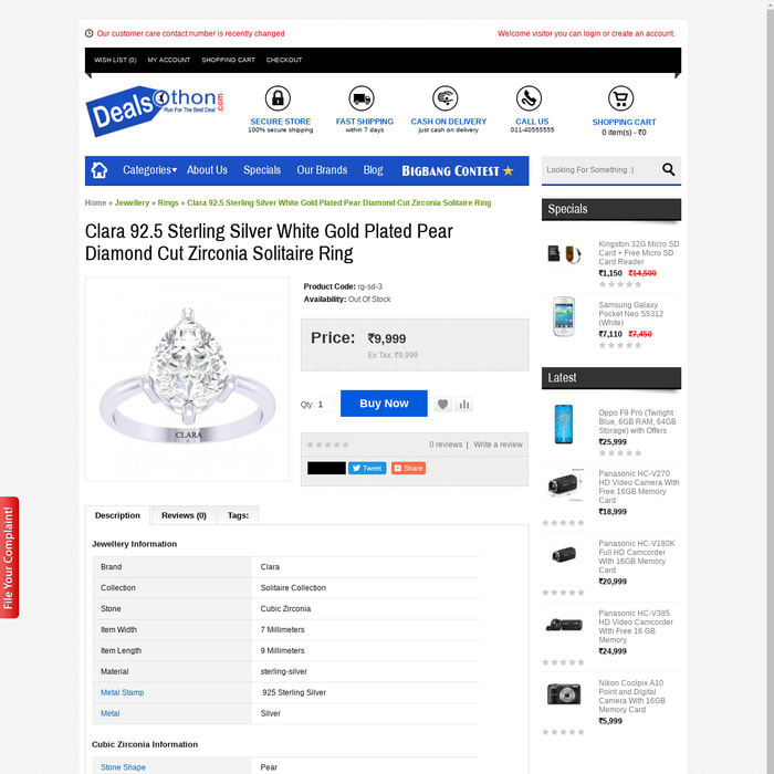 Clara 92.5 Sterling Silver White Gold Plated Pear Diamond Cut Zirconia Solitaire Ring