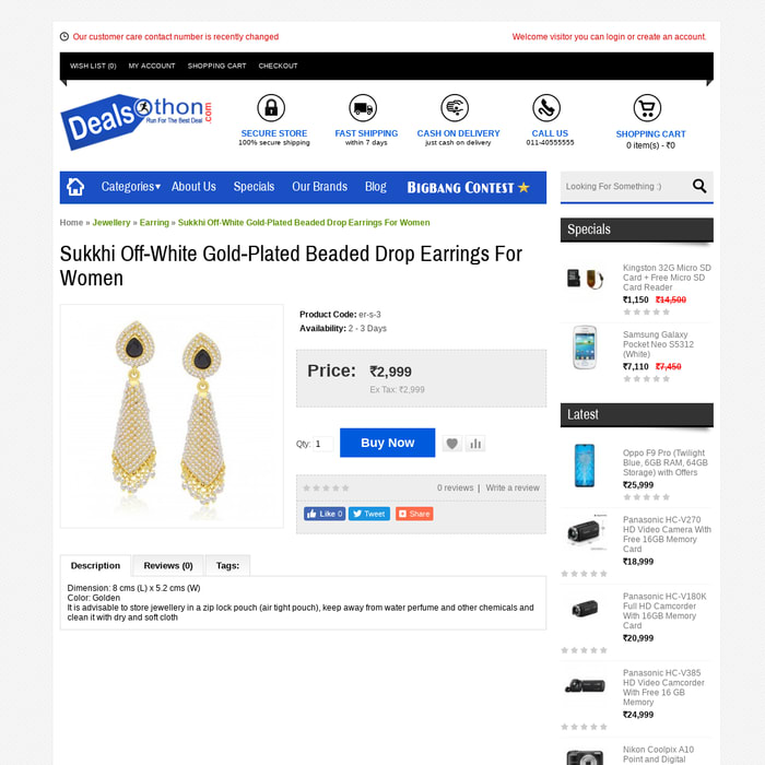 Sukkhi Off-White Gold-Plated Beaded Drop Earrings For Women