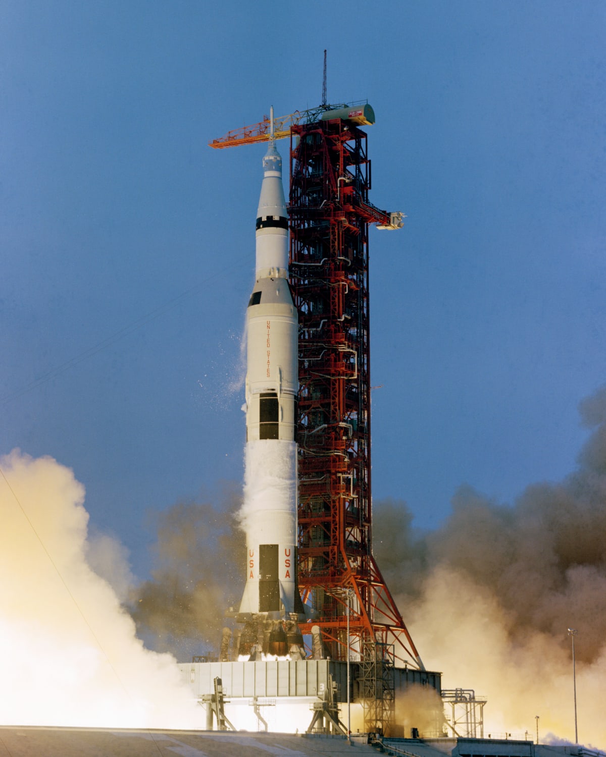 The Apollo 13 space vehicle is launched from Pad A Launch Complex 39, Kennedy Space Center, at 2:13 p.m. (EST), April 11, 1970