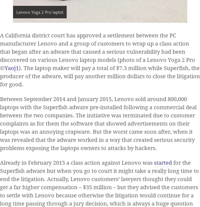 Lenovo has reached a settlement to close its last legal problems due to the Superfish adware