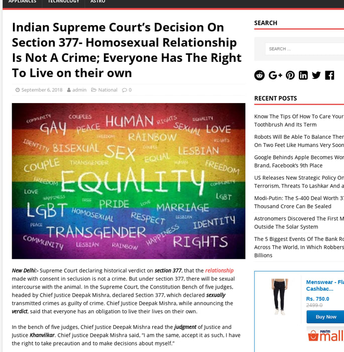 Indian Supreme Court's Decision, Homosexual Relationship Is Not A Crime
