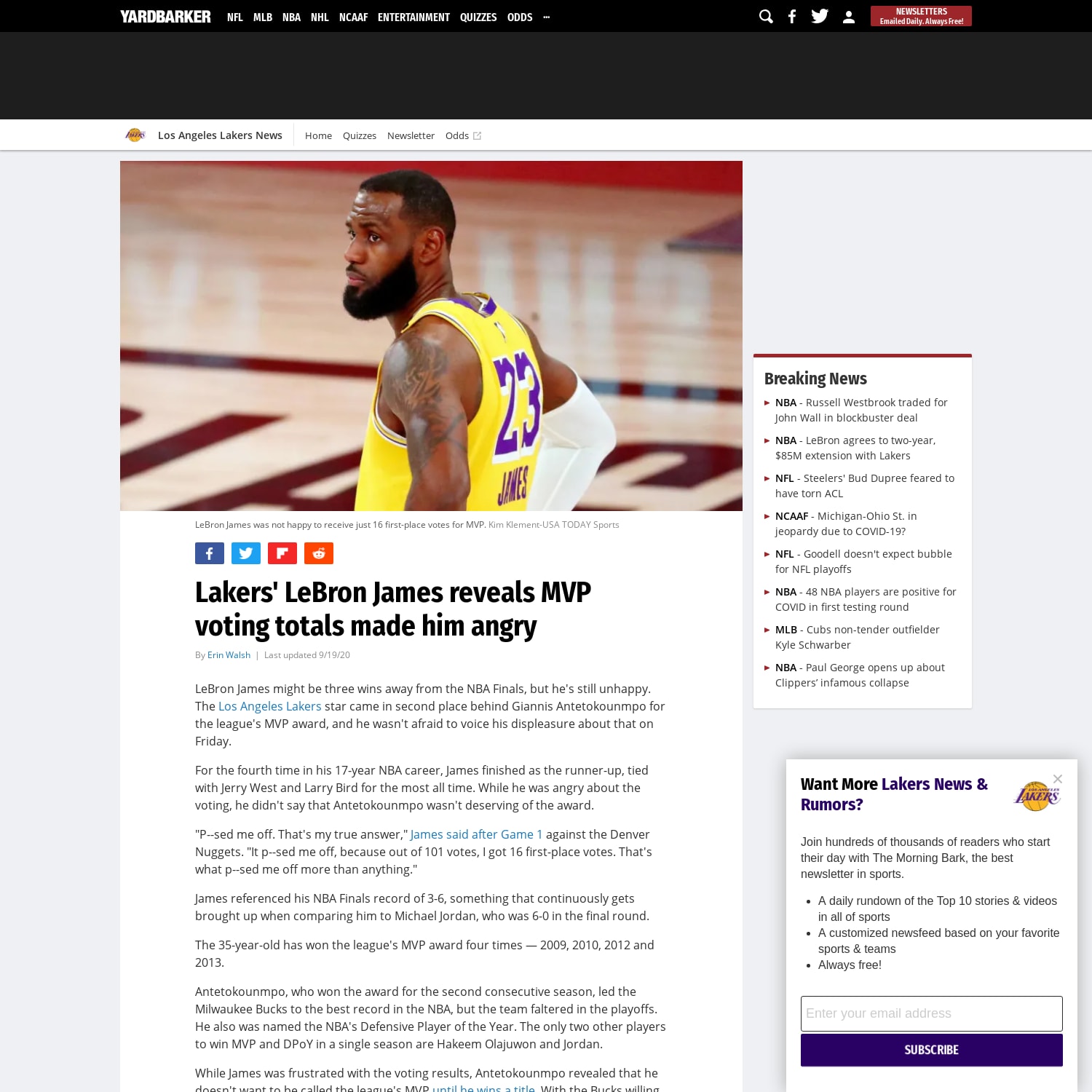 Lakers' LeBron James reveals MVP voting totals made him angry