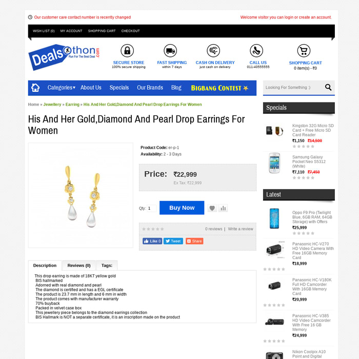 His And Her Gold,Diamond And Pearl Drop Earrings For Women