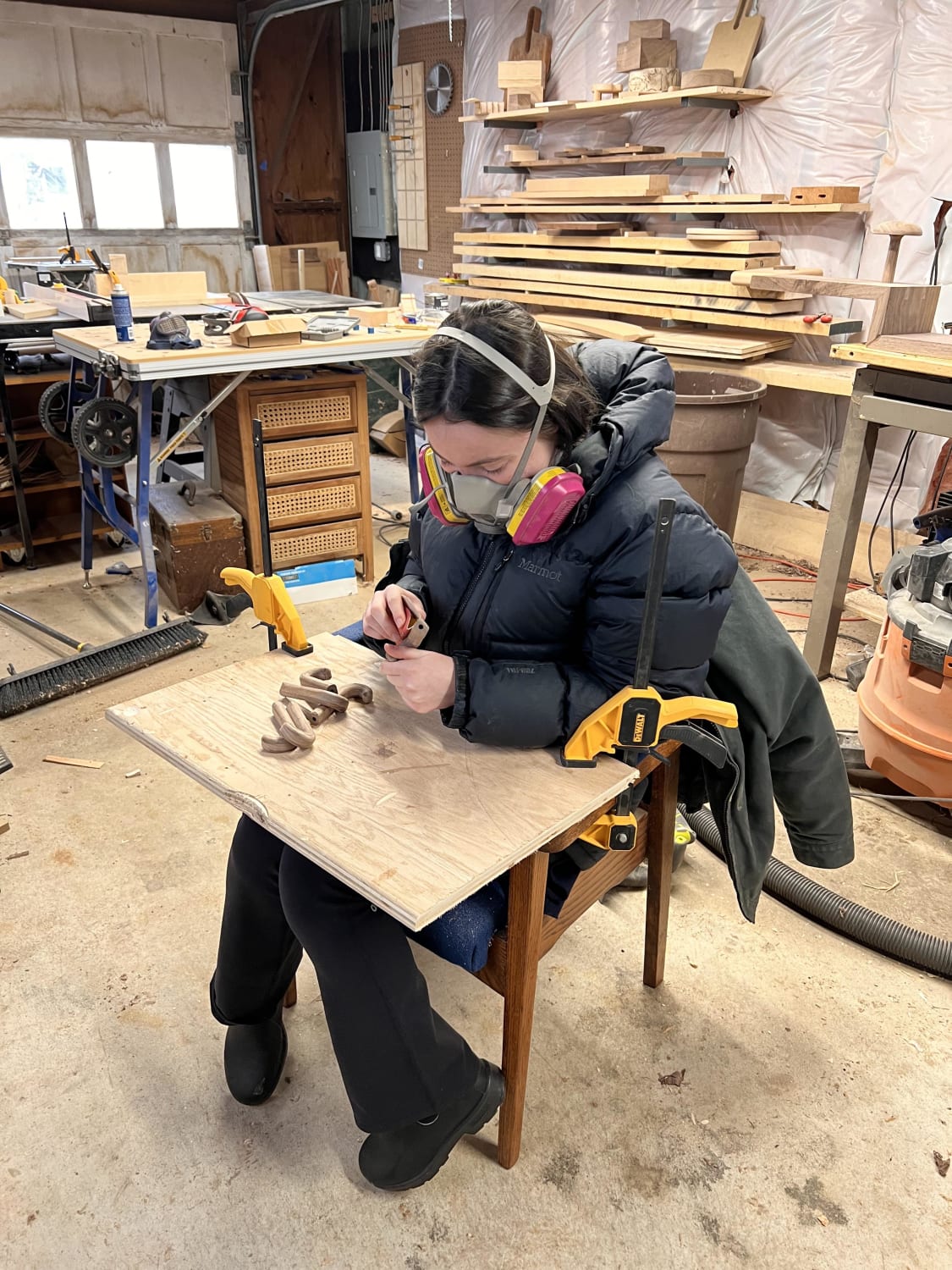 Cerebral Palsy won’t stop this woodworker! Strapped in with some clamps and workbench for safe working.