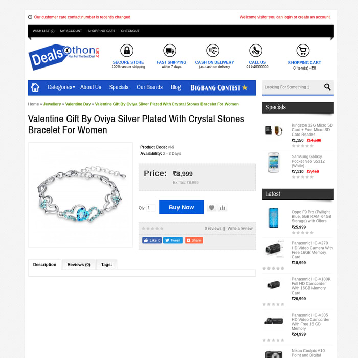 Valentine Gift By Oviya Silver Plated With Crystal Stones Bracelet For Women