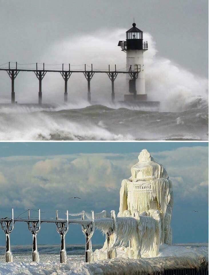 A lighthouse in Michigan, before and after major ice storm