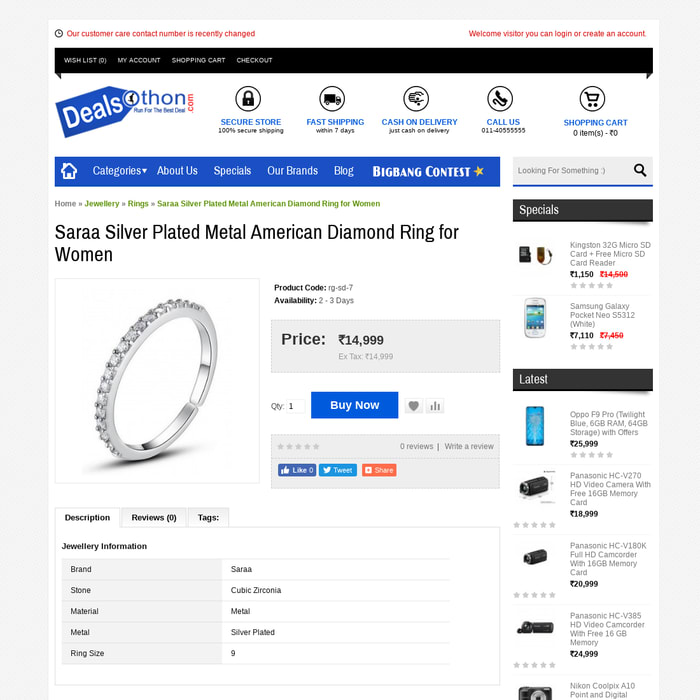 Saraa Silver Plated Metal American Diamond Ring for Women