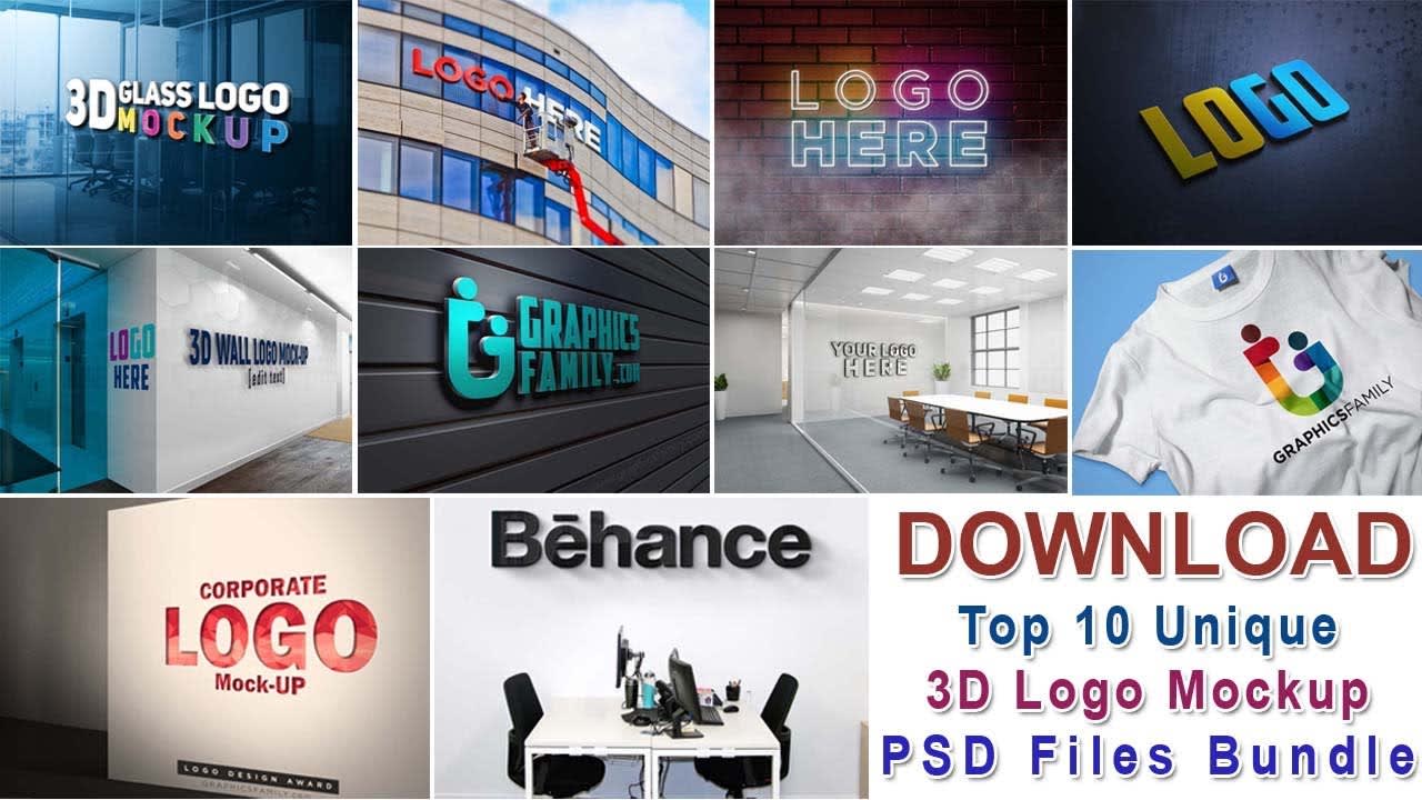 Free Download Top 10 Unique 3D Logo Mockup PSD Files Bundle