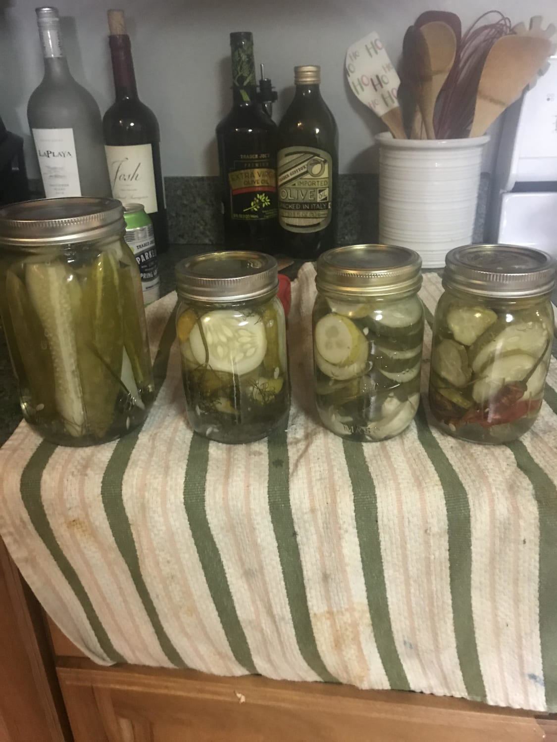 Made some pickles today, left to right; dill spears, dill chips, dill and garlic chips, dill and chili pepper chips. 100% homestead grown.