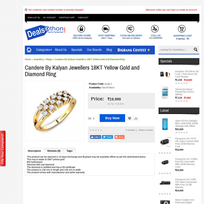 Candere By Kalyan Jewellers 18KT Yellow Gold and Diamond Ring