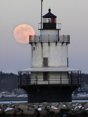 'Full Moon Rises Behind the Spring Point Light House in South Portland, Maine' Photographic Print | AllPosters.com | Maine lighthouses, Lighthouses photography, Lighthouse