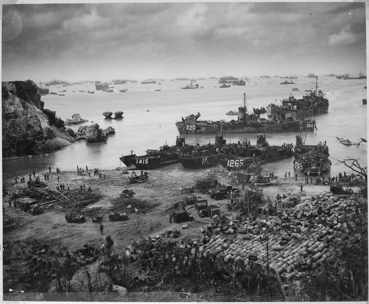 US ships unload supplies at a beachhead at Okinawa, April 13, 1945