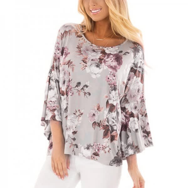 Buy Womens Tops and Blouses Feminine Boho Floral Print Long Sleeve Blouse Flare Sleeve Ladies Top Tunic Woman Clothes