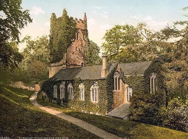 Ivy-covered Cockington Church, Torquay, England (circa 1890s)