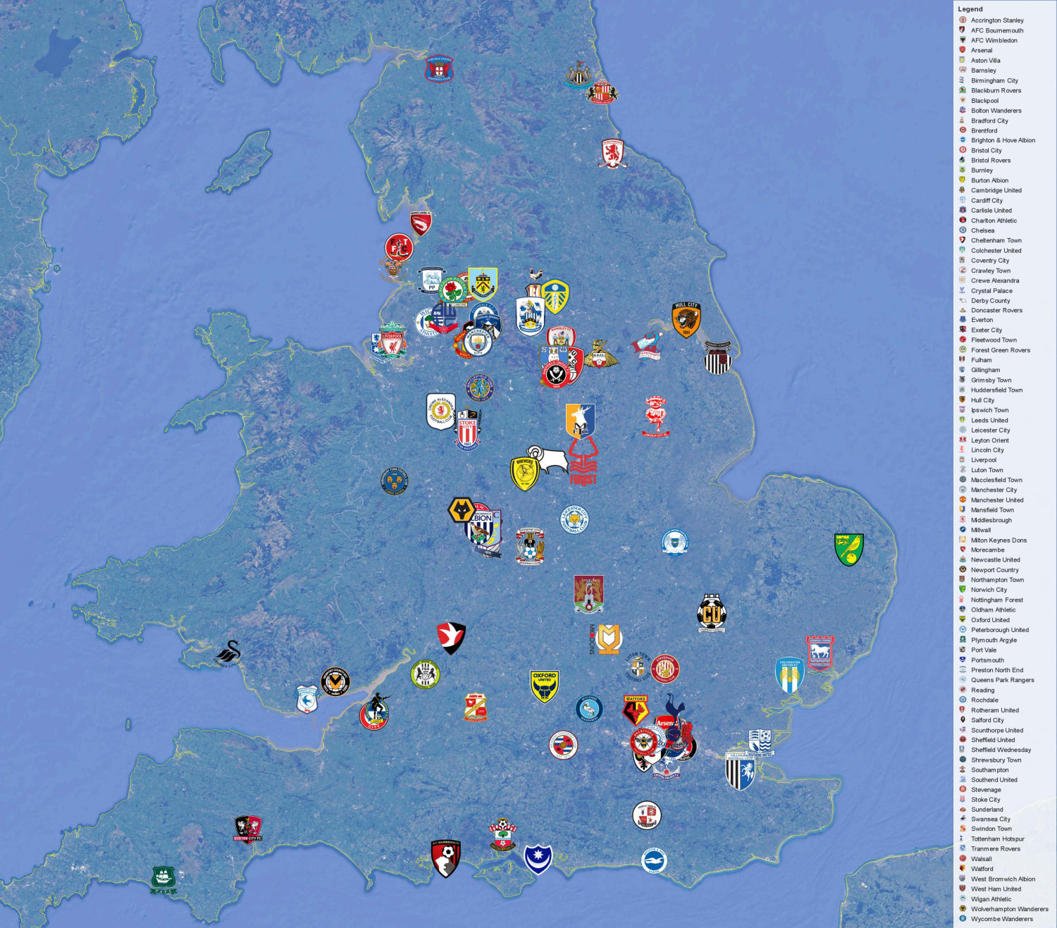 Map of the football clubs from England's top 4 divisions for the 2019/20 season