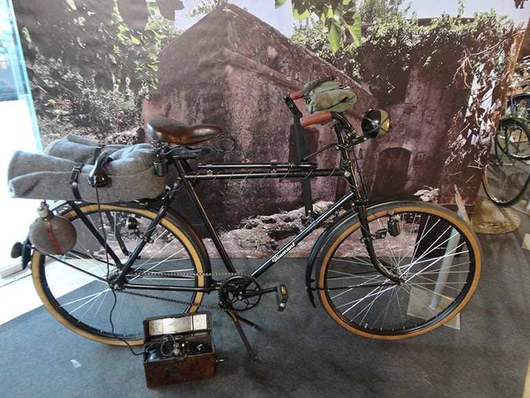 Bicycle used by German forces during the Battle of Crete (May 20 - June 1, 1941) manufactured by Diamant company in 1939. This one belonged to a German radio operator. It was found on the island of Cretea few years ago with a blanket, a radio, a canteen, a rifle stand, and restored. .