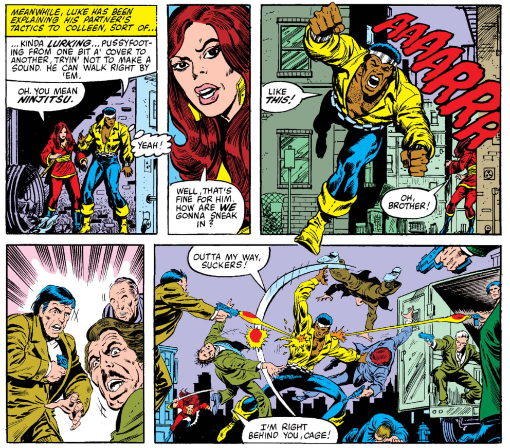 Luke Cage is the stealthiest superhero ever, watch him sneak into this building without attracting any attention at all (Power Man and Iron Fist #66)