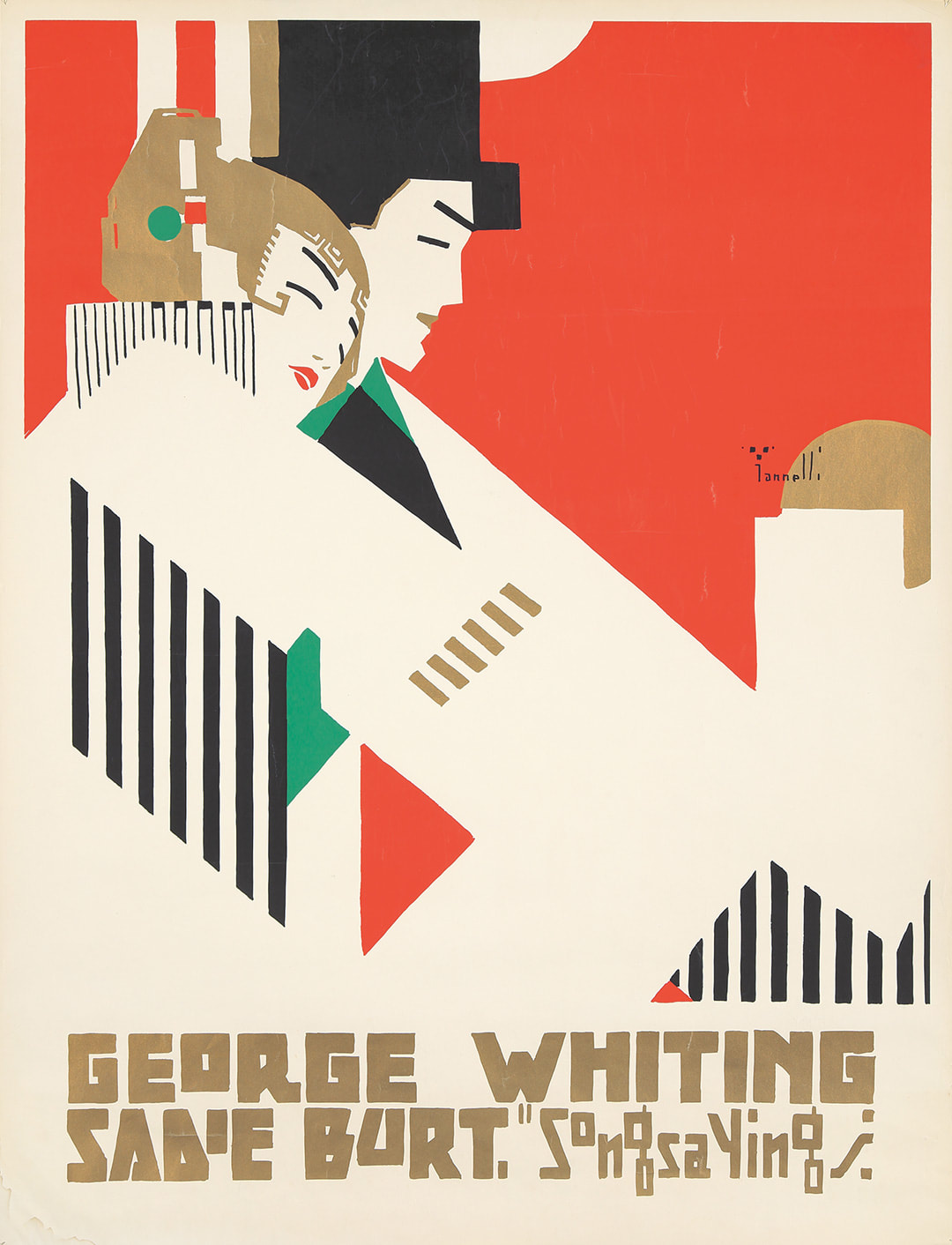Ad by Alfonso Iannelli. Hand-painted sign outside the Orpheum Theater in Chicago promoting a performance in January 1915. Reprinted as a poster entitled "George Whiting. 1969" after his Iannelli's death.