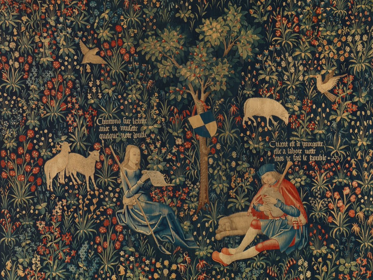 MetKidsFunFact: This tapestry depicts a shepherd and shepherdess relaxing and singing a flowering field. 🐑🌸 Look closely and you'll see the words to their song floating above their heads like word balloons in comic books. 💬 Learn more: