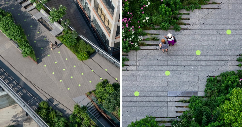 pentagram's paula scher affixes bright green circles to the high line to promote social distancing