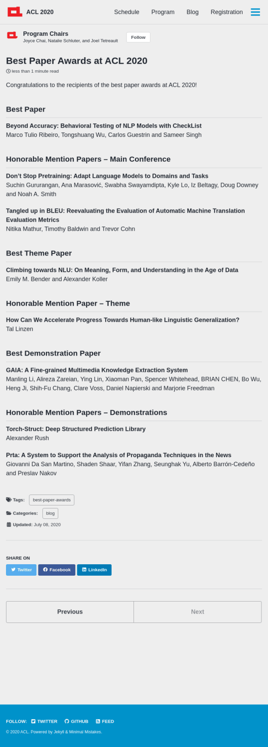 Best Paper Awards at ACL 2020