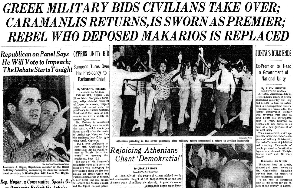 After seven years of military dictatorship, the junta in Greece announced on this day in 1974 that they had decided to turn the country back to civilian political leaders. A huge crowd gathered in Athens shouting "Democracy!"