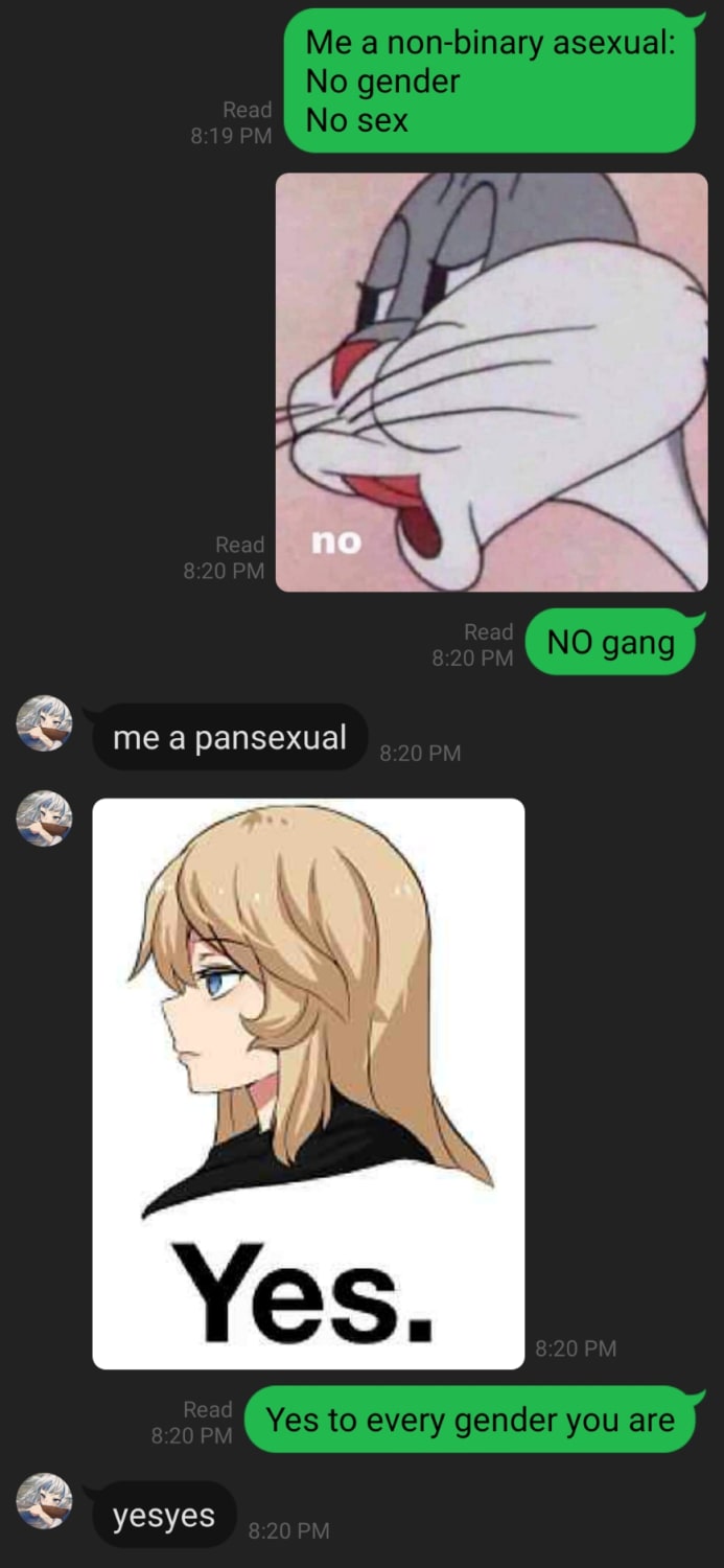 convo with a friend (I'm the one with Gawr Gura pfp and pansexual but my friend Has larger phone so they can screenshot better)