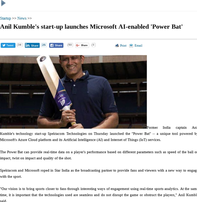 Anil Kumble's start-up launches Microsoft AI-enabled 'Power Bat'