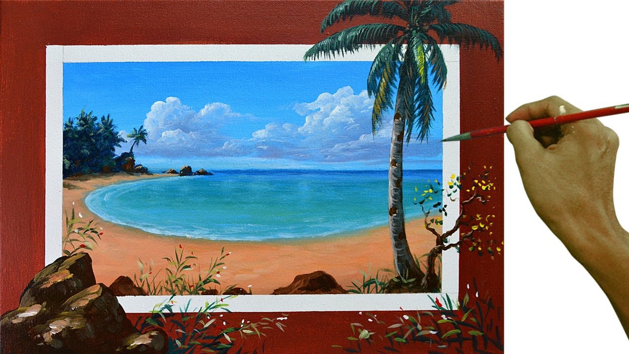 Acrylic Landscape Painting Tutorial | 3D Tropical Beach with Palm Trees