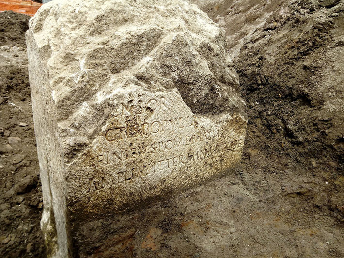 A pomerium, or boundary stone, dating to A.D. 49 during the reign of emperor Claudius has been discovered in Rome’s historic city center during excavations for a new sewage system.