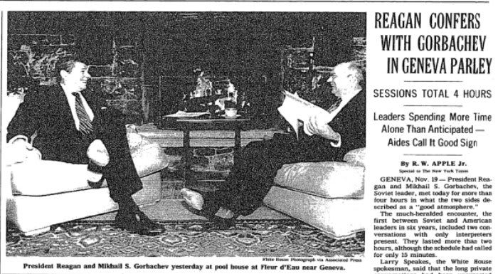 President Reagan met with the Soviet leader Mikhail Gorbachev today in 1985. Though the schedule had called for only 15 minutes, they spent several hours talking in what was described as a "good atmosphere."