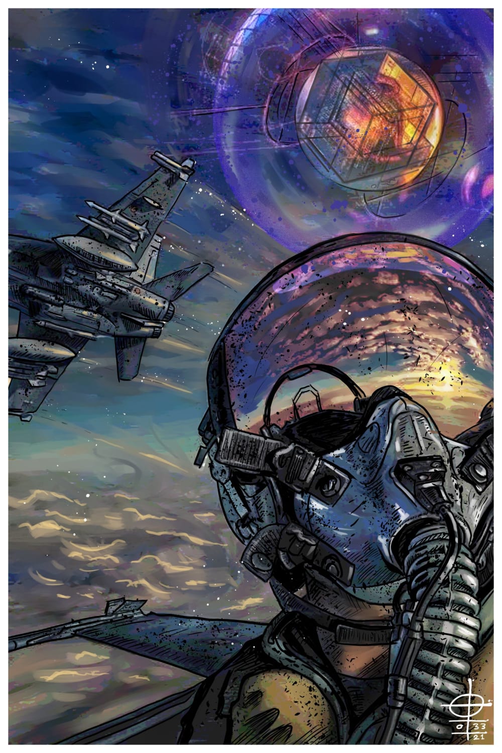 F-18 Super Hornet & Cube within a Sphere UFO / UAP Digital illustration made by me based on original artwork by Nick Madrid depicting the infamous encounter between Lt. Ryan Graves from the USS Theodore D. Roosevelt and the cube inside a sphere UFO/UAP that took place between 2014-2015
