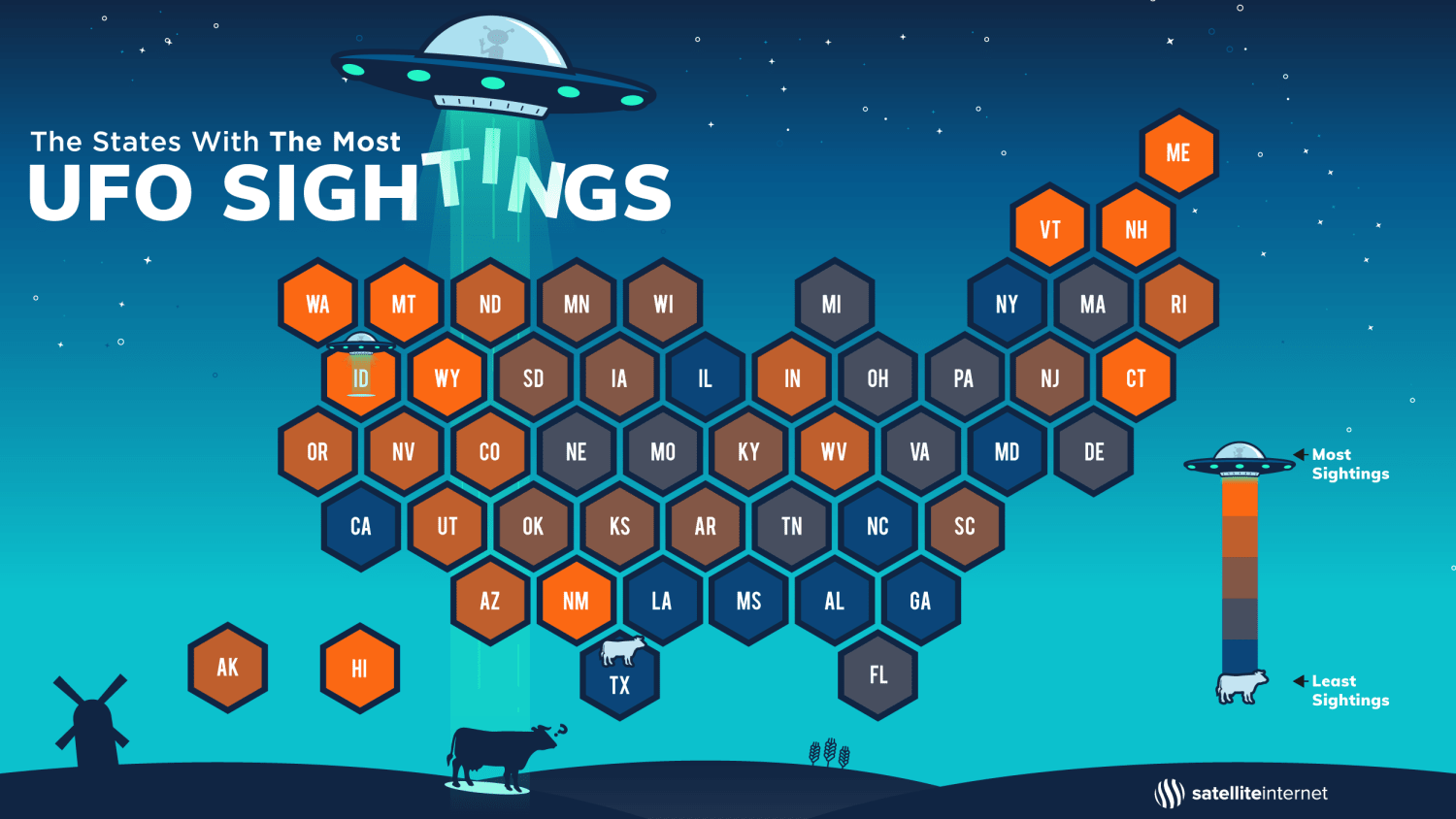 A map depiction of US states that have the most UFO sightings.