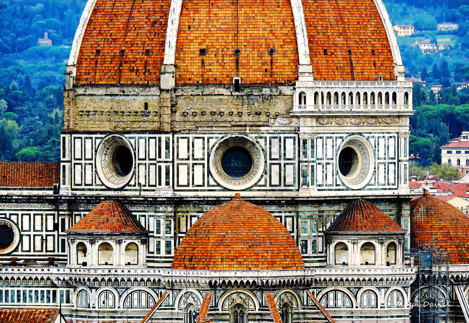 The Gothic style Florence Cathedral is attributed to Arnolfo di Cambio with the dome engineered by Filippo Brunelleschi. It remains the largest brick dome ever constructed.It was completed by 1436.