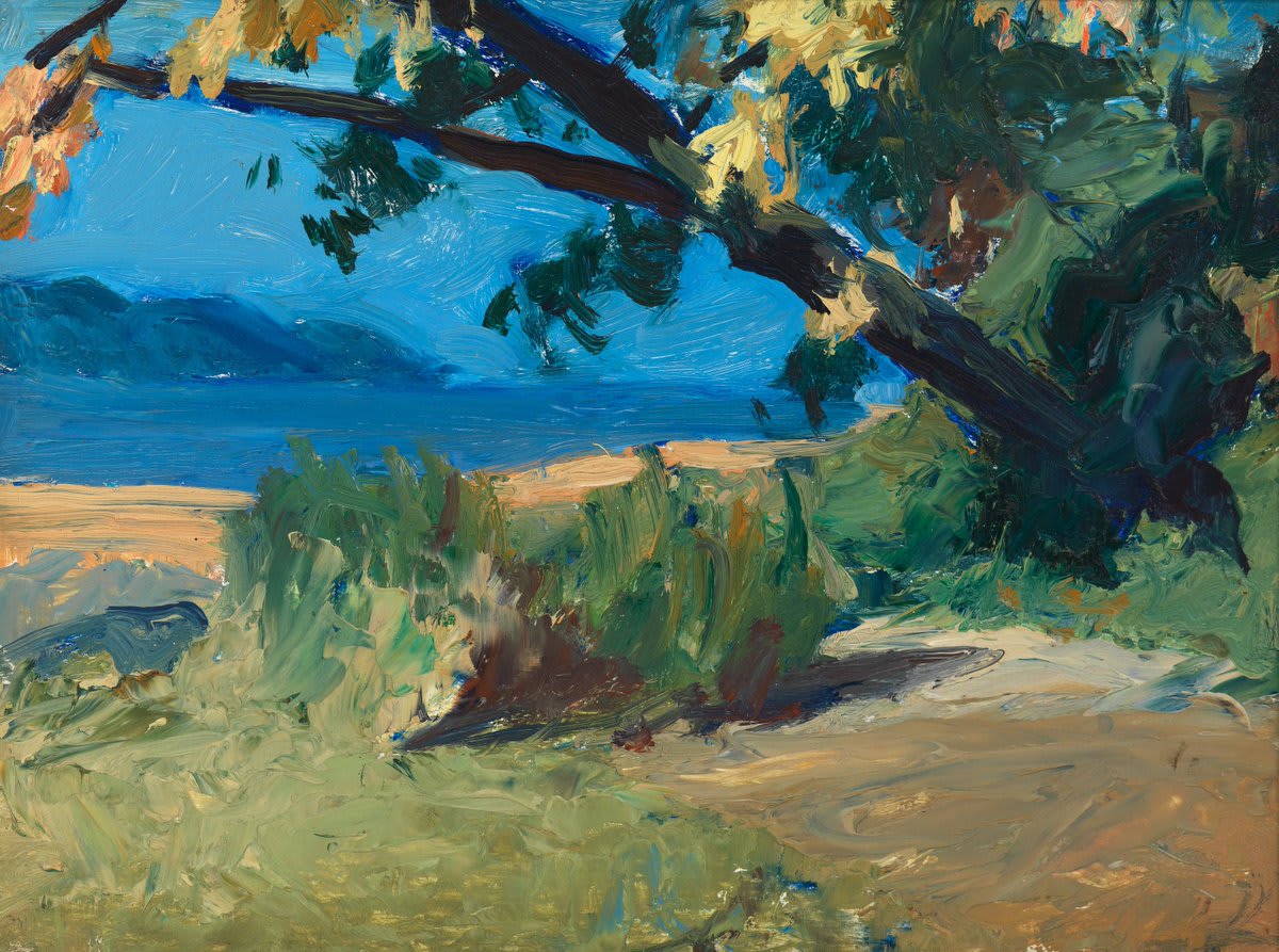 Soaking in the last days of summer with this Edward Hopper beach scene. 🏖 Looking for an air conditioned activity? The Museum is open today until 6 pm. — EdwardHopper, (Trees and Beach), 1916–1919