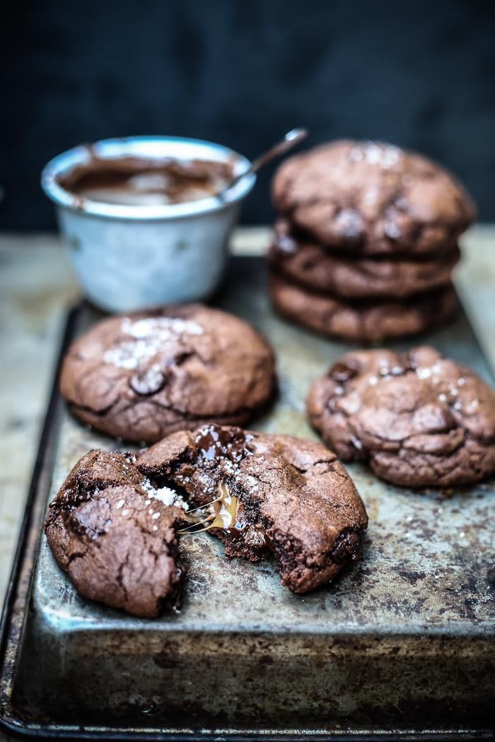 Salted Caramel + Nutella Stuffed Double Chocolate Chip Cookies - Izy Hossack - Top With Cinnamon