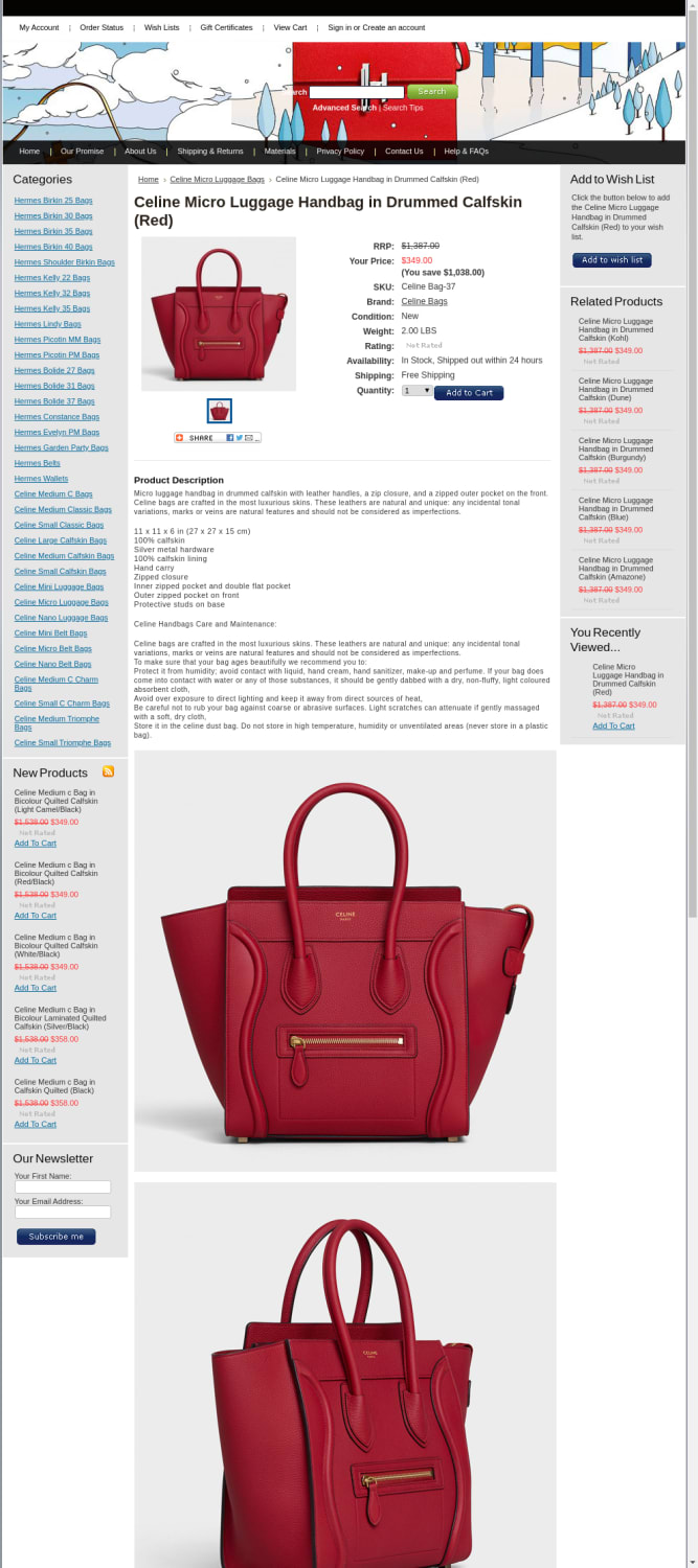 Celine Micro Luggage Handbag in Drummed Calfskin (Red)