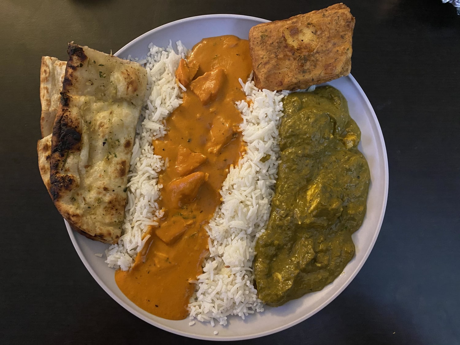 [I Ate] Chicken tikka masala, saag paneer, cheese pakora with garlic naan